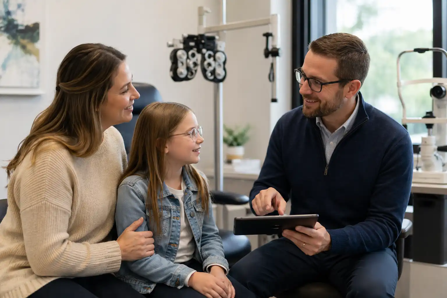 Parent and child meeting with an eye doctor at Lakeview Eye Care