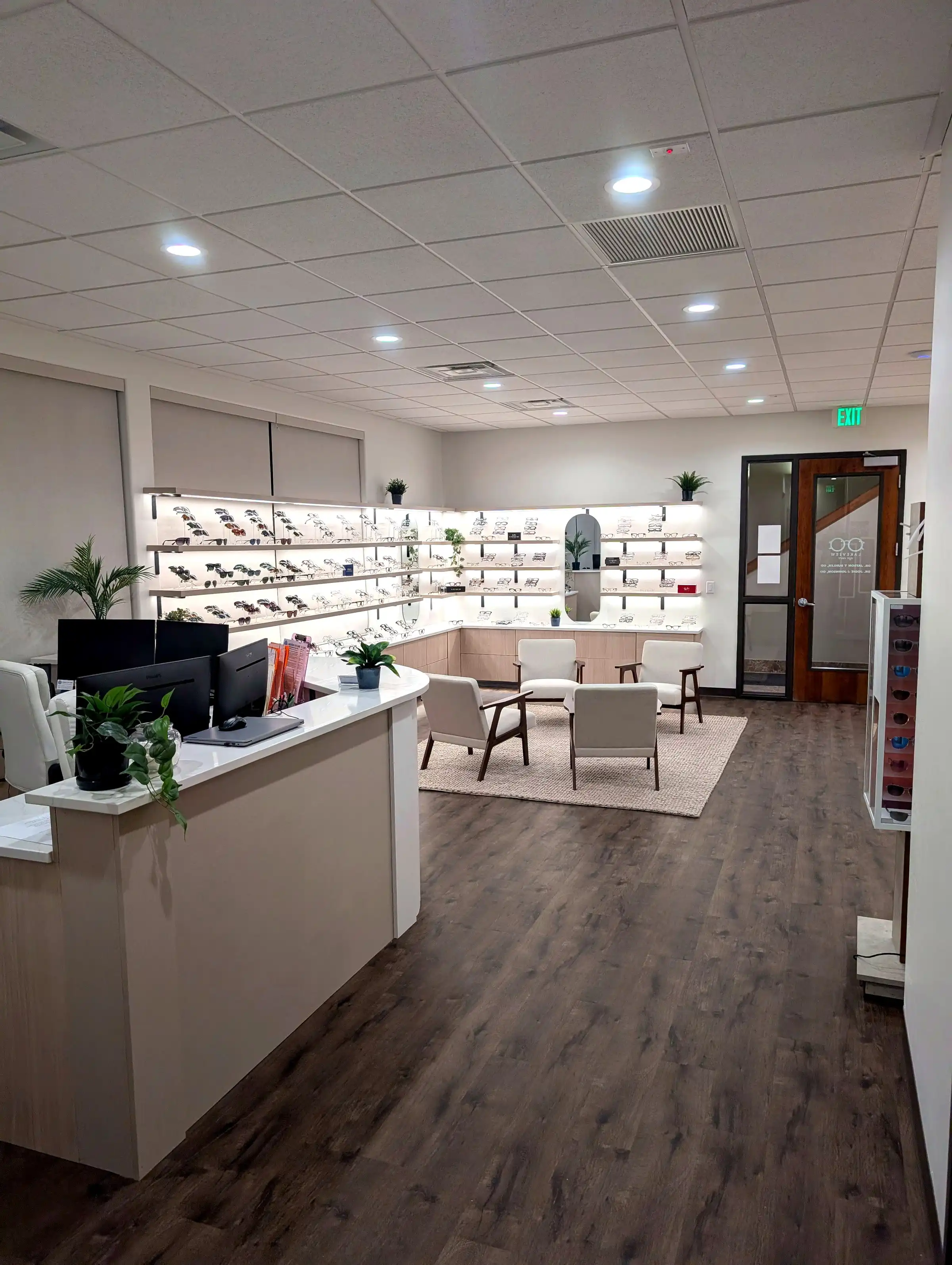 Reception and seating area inside Lakeview Eye Care in Syracuse, Utah