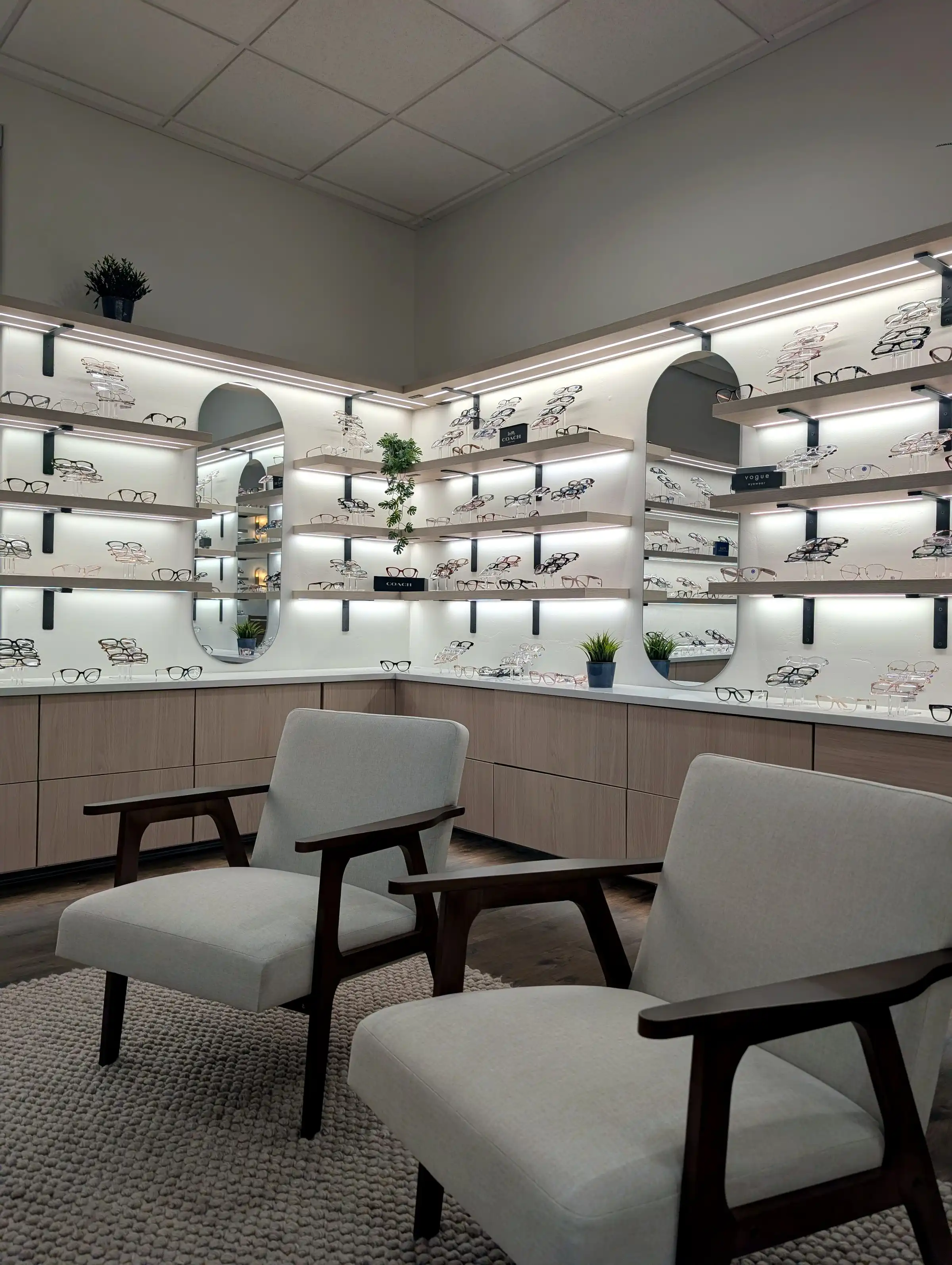 Optical styling and consultation area inside Lakeview Eye Care in Syracuse, Utah